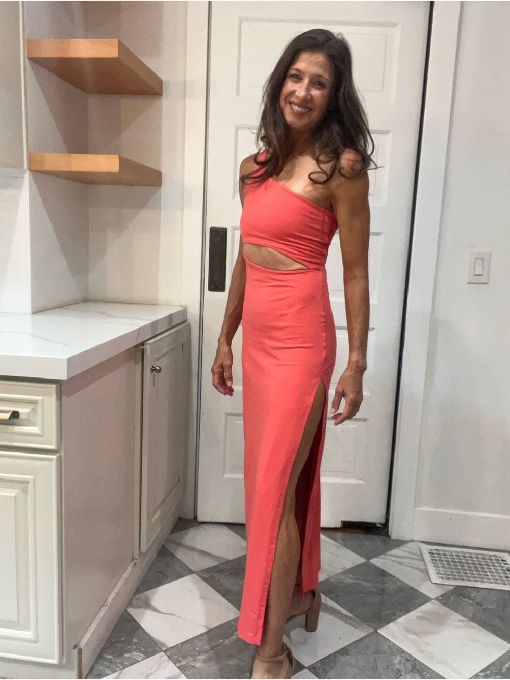 Susana Monaco One Shoulder Cutout Maxi Dress Coral Red XS Made USA